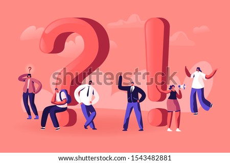 People Searching and Giving Information. Tiny Male and Female Characters around Huge Exclamation and Question Marks. Students Promoters and Businesspeople Communicate. Cartoon Flat Vector Illustration