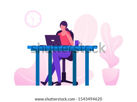 Office Worker Busy Business Woman or Freelancer Working on Laptop Sitting at Table Workplace Thinking of Task. Freelance Outsourced Employee Occupation Brainstorm. Cartoon Flat Vector Illustration