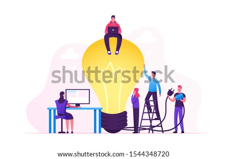 Creative Crisis, Teamworking and Searching Idea Concept. Business People Stand at Huge Turned Off Light Bulb Holding Plug. Team Search Insight for Project Development. Cartoon Flat Vector Illustration