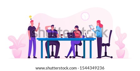 Brainstorm Concept. Creative People in Office Have Idea Working Together with Laptops and Tablet. Successful Team in Coworking Space Developing Project. Partnership Cartoon Flat Vector Illustration