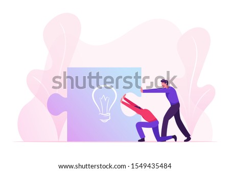 Business People Pushing Together Huge Puzzle Piece with Light Bulb Sign. Businessmen Perfect Teamworking Group Creative Idea and Startup Project Construction Process. Cartoon Flat Vector Illustration