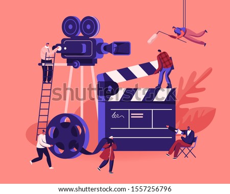 Movie Making Process Concept. Operator Using Camera and Staff with Professional Equipment Recording Film with Actors. Director with Megaphone, Clapperboard Reel Film. Cartoon Flat Vector Illustration