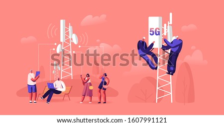 5g Technology Concept. Workers on Transmitter Tower Set Up High-speed Mobile Internet, City Dwellers Using New Generation Networks for Communication and Gadgets. Cartoon Flat Vector Illustration ストックフォト © 