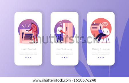 People Use Smart Technics for Home Mobile App Page Onboard Screen Set. Man and Woman on Kitchen Using Wireless Oven and Refrigerator Concept for Website or Web Page. Cartoon Flat Vector Illustration