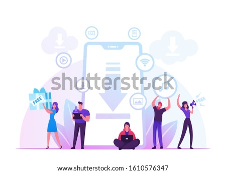 Free Download Concept. Characters around of Huge Smartphone Transfer and Sharing Files Using Torrent Servers Services. Online Media Shopping, Modern People Lifestyle. Cartoon Flat Vector Illustration