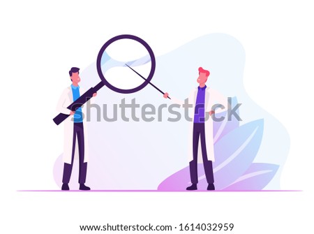 Couple of Male Doctors in Medical Robe Holding Huge Magnifier in Hands Pointing through Glass. Hospital Healthcare Staff at Work. Medicine Profession, Occupation. Cartoon Flat Vector Illustration