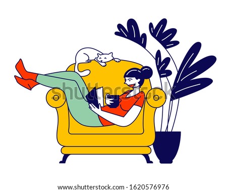 Reading Books Hobby. Young Woman Sitting on Cozy Armchair at Home Read Interesting Book with Cat Sleeping beside. Reader Deep Immersion to Fantasy World. Cartoon Flat Vector Illustration, Line Art