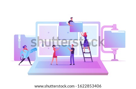 Electronic Document Management. Digital Data File Computer Archive Storage System, Information Database Catalog. Business Characters at Huge Laptop with Folders on Screen. Cartoon Vector Illustration