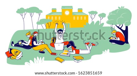 Young People Studying Together Outdoors Sitting on Field at College Yard Reading Books and Working on Laptops. Collective Studying, Students Exam Preparation. Cartoon Vector Illustration, Line Art