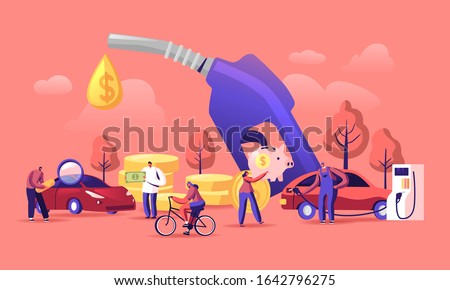 Petrol Economy Concept. Car Refueling on Fuel Station. Man Pumping Gasoline Oil. Service Filling Gas or Biodiesel Into Tank. Automotive Industry or Transportation. Cartoon Flat Vector Illustration