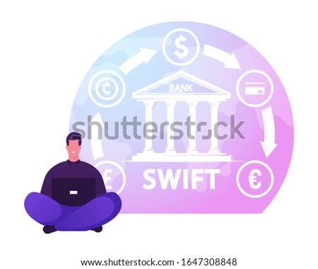 Swift, Society Worldwide Interbank Financial Telecommunication Concept. Businessman Sitting with Laptop near Bank Building with Money Transfer Icons. Banking System. Cartoon Flat Vector Illustration