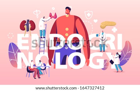 Endocrinology, Hormone Diseases and Disbalance Concept. Medicine and Biology Endocrine System Branch. Doctors and Patient Treatment Poster Banner Flyer Brochure. Cartoon Flat Vector Illustration