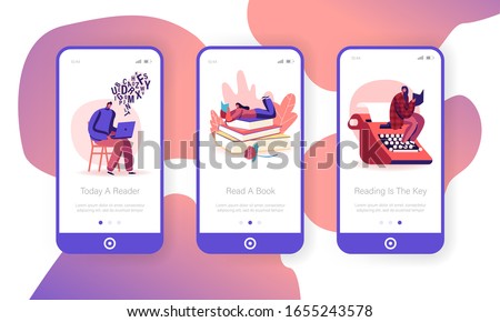 Reading Books Hobby Mobile App Page Onboard Screen Set. Young People Read Interesting Books. Reader Deep Immersion to Fantasy World Concept for Website or Web Page. Cartoon Flat Vector Illustration