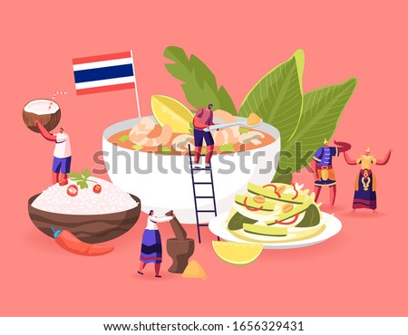 Traditional Thai Cuisine Concept. People in National Costumes and Tourists around Huge Dish Tom Yam Kung Soup with Shrimps, Rice in Bowl, Salad with Nuts and Cucumbers. Cartoon Vector Illustration