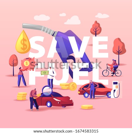 Petrol Economy Concept. Characters Refueling Car on Station, Pumping Gasoline Oil. Filling Gas or Biodiesel, Automotive Industry. People Save Fuel Poster Banner Flyer. Cartoon Vector Illustration
