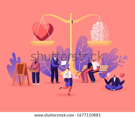 Choice between Mind and Feelings Concept. Heart and Brain Lying on Scales. Male and Female Characters Search Balance in Love, Intelligence and Logic. People Live with Soul. Cartoon Vector Illustration