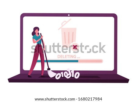 Cleaning Computer Space, Deletion of Secret Information and Docs. Tiny Female Character Sweeping Binary Code on Keyboard of Huge Laptop with Litter Bin on Desktop Screen. Cartoon Vector Illustration