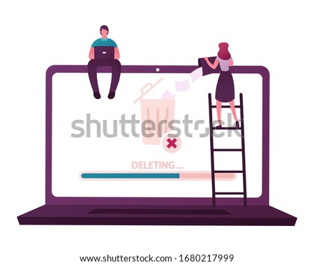 Tiny Male and Female Characters Deleting Data. Man Sitting on Huge Laptop Working on Pc, Woman Throw File from Litter Bin to Waste Basket on Computer Desktop Screen. Cartoon People Vector Illustration