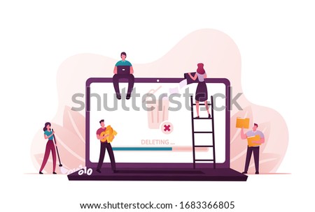 Tiny People Deleting Information Concept. Male and Female Characters around of Huge Laptop Throw Documents and Files into Litter Bin, Sweeping Binary Code and Destroy Docs. Cartoon Vector Illustration