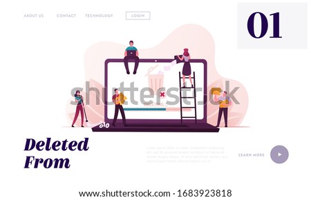 Tiny People Deleting Information Landing Page Template. Characters around of Huge Laptop Throw Documents and Files into Litter Bin, Sweeping Binary Code and Destroy Docs. Cartoon Vector Illustration