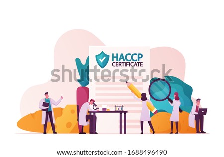 Haccp Hazard Analysis and Critical Control Point. Standard and Certification, Quality Control Management Rules for Food Industry. Tiny Characters with Microscope. Cartoon People Vector Illustration