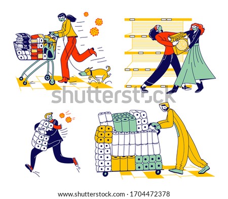 Doomsday Panic and Coronavirus Pandemic Chaos. Characters Crazily Buying Goods and Toilet Paper from Supermarket Shelves, Fighting for Food due Covid-19 Outbreak. Linear People Vector Illustration