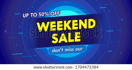 Weekend Sale Advertising Banner with Typography. Blue Background with Radial Circles. Design for Shopping Discount. Social Media Promo Content Ad, Poster, Flyer, Card Template. Vector Illustration