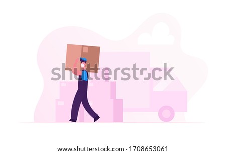 Worker Character in Medical Mask Carry Cardboard Box on Unloading Truck. Relocation and Moving into New House during Covid19 Pandemic. Delivery Company Loader Service. Cartoon Vector Illustration ストックフォト © 