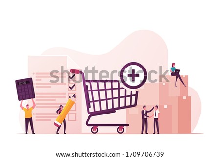Procurement Process of Purchasing Goods or Services with Tiny Male and Female Business Characters with Huge Shopping Trolley, Calculator and Pean Making Deal. Cartoon People Vector Illustration Stockfoto © 
