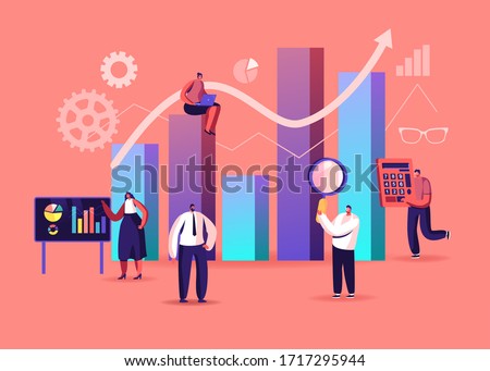 Science Statistics. Tiny Characters at Touch Screen and Huge Column Data Chart. Project Management Analysis. Hitech Technology Solutions with Development Graphs. Cartoon People Vector Illustration