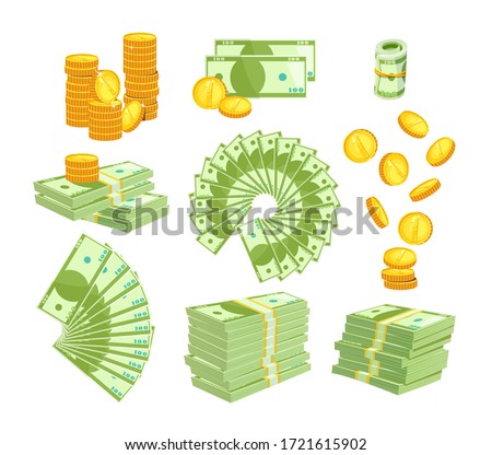 Set Various Kind of Money Isolated on White Background. Packing and Piles of Dollar Banknotes, Fan of Paper Bills. Gold Coins Falling Down and Stack. Currency Objects Icons Cartoon Vector Illustration
