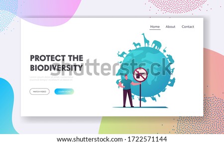 Biodiversity and Multiplicity, Save Planet Landing Page Template. Eco Activist Male Character Holding Hunt Prohibition Signboard front of Earth Globe with Animals Spices. Cartoon Vector Illustration