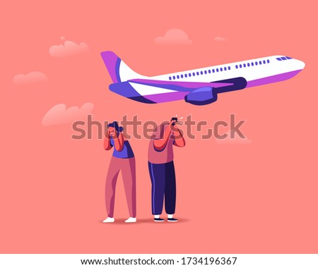 Male and Female Characters Suffering of Noise Pollution. Big City Stress, Dwellers Covering Ears to Stop Hearing Loud Sounds and Tinnitus Made by Take Off Airplane. Cartoon People Vector Illustration