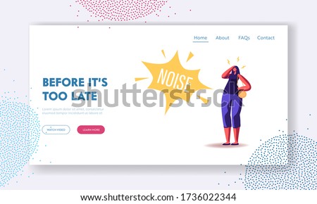 Female Character Suffering of Noise Pollution Landing Page Template. Big City Social Problem of Much Hubbub on Street. Woman Cover Ears to Stop Hearing Loud Sounds. Cartoon People Vector Illustration