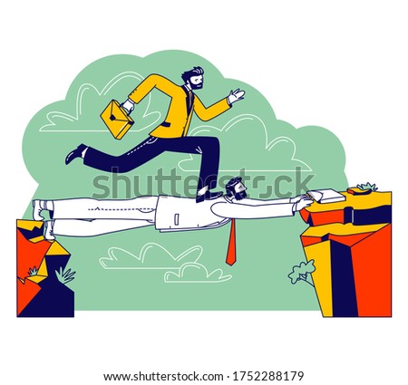 Business Man Careerist, Social Climber Character with Brief Case Running over Head of Colleague Like on Bridge. Leadership Challenge, New Opportunity Success Concept. Linear People Vector Illustration