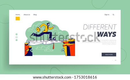 Challenge, Leadership, New Opportunity Success Landing Page Template. Business Man Careerist, Social Climber Character Run over Head of Colleague Like on Bridge. Linear People Vector Illustration