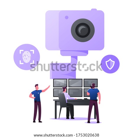 Security Characters Monitoring Surveillance System, Technology for Protection Property. Men at Huge Video Camera Looking at Multiple Monitors Control Environment. Cartoon People Vector Illustration