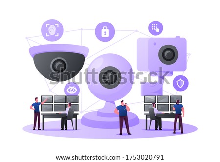 Security Characters Monitoring Surveillance System, Burglary Prevention. Tine Men at Huge Video Camers Looking at Multiple Monitors Controlling, Analyzing Situation. Cartoon People Vector Illustration