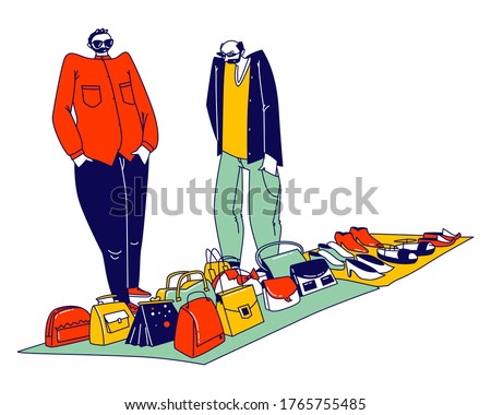 Couple of Illegal Sellers Offer Assortment of Women Bags, Shoes and Accessories on Illegal or Flea Market. Hucksters Male Characters of Suspicious Appearance Sale. Linear People Vector Illustration