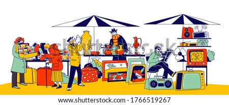 Characters Visiting Flea Market for Shopping Unique Antique Things. Garage Sale, Outdoor Retro Bazaar with Sellers Presenting Old Stuff for Buyers to Purchase. Linear People Vector Illustration