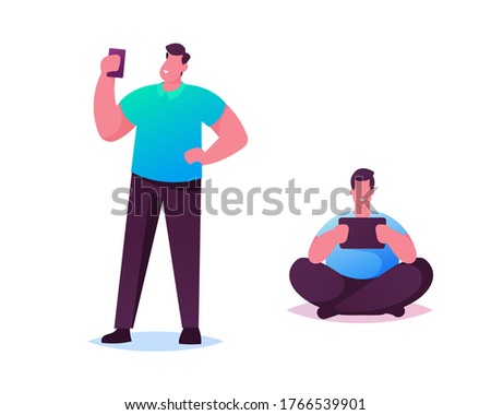 Male Characters Holding Mobile Phone and Tablet Pc Chatting, Texting, Reading Newsfeed on Social Media Using VPN Service. Internet Privacy, Smartphone Communication. Cartoon People Vector Illustration