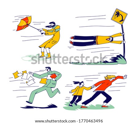 Characters Fighting with Strong Wind, Woman with Destroyed Umbrella Trying to Protect from Storm and Rain. Man Hanging on Road Sign, Businessman with Scattered Docs. Linear People Vector Illustration