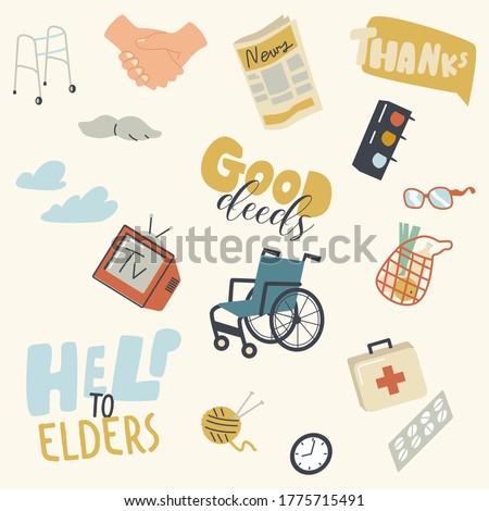 Help to Elders and Good Deals Set. Wheelchair, Handshake and Medical Toolbox, Television, Newspaper and Glasses, Walking Frame, Traffic Lights and Clock, Grocery in Bag. Linear Vector Illustration