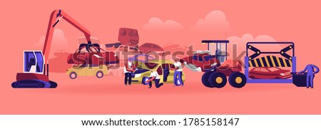 Car Dump Concept. Industrial Crane Claw Grabbing Old Car for Recycling, Automobiles Utilization Characters Dismantling Auto for Scrap Metal Put off Parts and Wheels. Cartoon People Vector Illustration