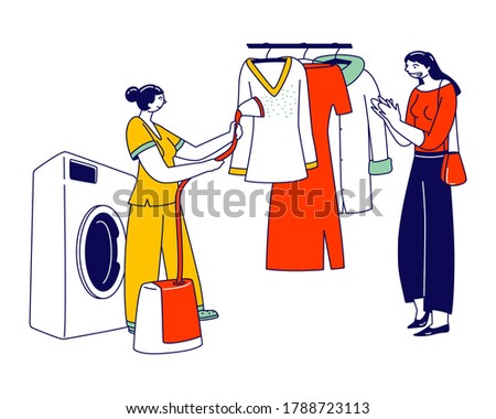 Laundry Staff Steam off Garment on Hanger at Public Laundrette. Female Character Use Steamer Iron for Clothes Care and Dry Cleaning, Professional Apparel Steaming. Linear People Vector Illustration