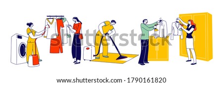 Characters Use Steamer Iron for Clothes Care and Cleaning. Laundry Staff Steam off Garment on Hanger, Man Clean Rag in Hotel, People Steaming Apparel, Household Chores. Linear Vector Illustration
