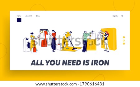 Characters Use Steamer Iron for Clothes Landing Page Template. Laundry Staff Steam off Garment on Hanger, Man Clean Rag in Hotel, People Steaming Apparel, Household Chores. Linear Vector Illustration
