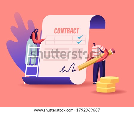 People Make a Deal Agreement, Checking and Signing Loan Contract. Tiny Characters Standing at Huge Paper Document with Money Scatter around. Man with Pen Put Signature. Cartoon Vector Illustration