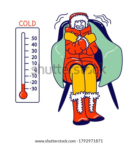 Freezing Female Character Wrapped in Warm Winter Clothes, Hat and Boots Sitting in Armchair with Thermometer Show Low Minus Degrees Temperature. Cold Weather, Freeze. Linear Vector Illustration