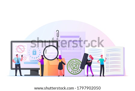 Control Concept. Tiny Characters with Document and Magnifier at Huge Computer Controlling Goods Quality. Internet Security Access, Inventory Committee Checking Docs. Cartoon People Vector Illustration